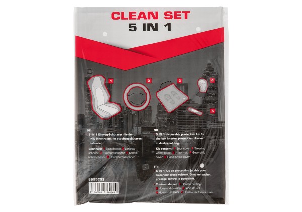 Clean set 5 in 1 Einweg-Schutzset für PKW-Innenraum verpackt in staubgeschütztem Umbeutel